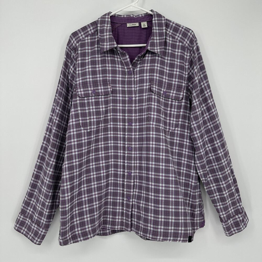 LL Bean Womens XL Purple Plaid Button Front Roll Tab Shirt Lightweight Nylon Top